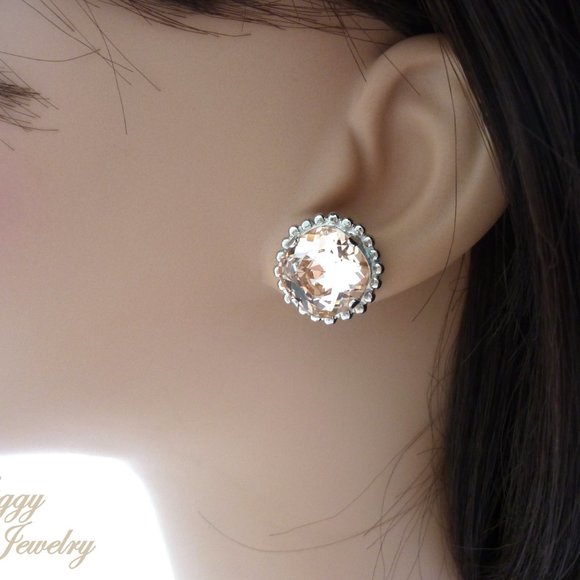 Cushion Cut Crystal Light Silk Solitaire Stud Earrings, 12mm Assorted Finishes - Picture 6 of 6